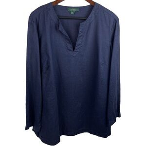 Lauren Ralph Lauren | Navy Blue Linen Split Neck Tunic Top